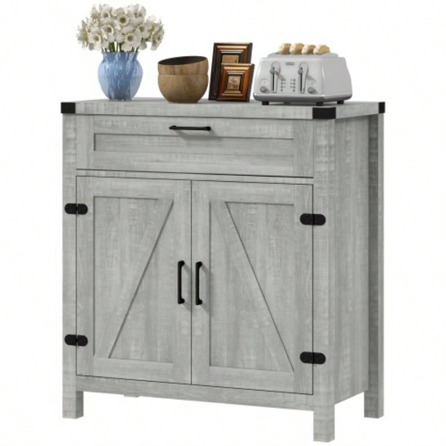 HOMCOM Sideboard Buffet Cabinet with Storage Drawer, Modern Farmhouse Kitchen Cabinet with 2 Barn Doors, Coffee Bar Cabinet, Gray