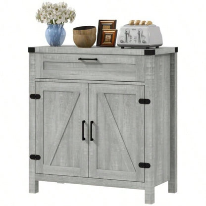 HOMCOM Sideboard Buffet Cabinet with Storage Drawer, Modern Farmhouse Kitchen Cabinet with 2 Barn Doors, Coffee Bar Cabinet, Gray