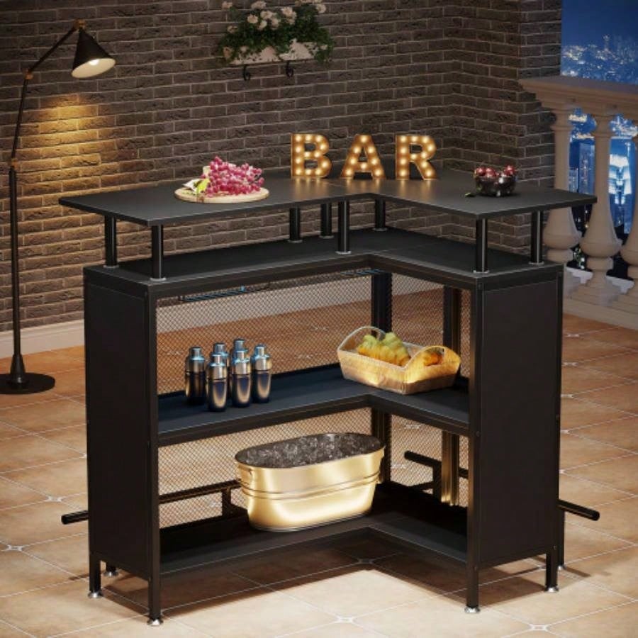 36x 48 L - Shaped Home Bar Unit with Footrest - Modern Corner Liquor Cabinet with 2 - Tier Shelves Glass Racks, Industrial Black Bar Table Home, Kitchen, or Pub