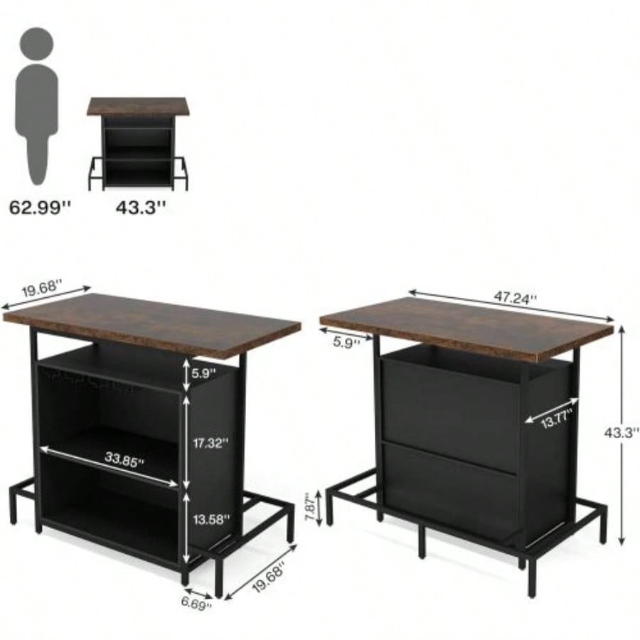 48x 20 Industrial Home Bar Unit with 3 - Tier Storage 4 Wine Glass Racks - Rustic Pub Table, Liquor Bar Cabinet with Footrest Kitchen, Living Room, Bistro, Home Pub - Black Brown
