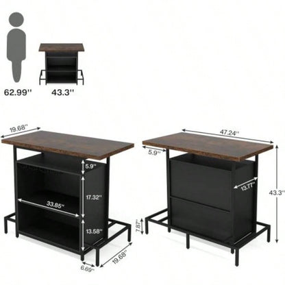 48x 20 Industrial Home Bar Unit with 3 - Tier Storage 4 Wine Glass Racks - Rustic Pub Table, Liquor Bar Cabinet with Footrest Kitchen, Living Room, Bistro, Home Pub - Black Brown