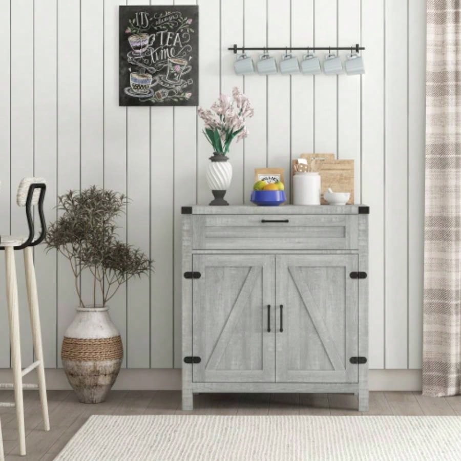 HOMCOM Sideboard Buffet Cabinet with Storage Drawer, Modern Farmhouse Kitchen Cabinet with 2 Barn Doors, Coffee Bar Cabinet, Gray
