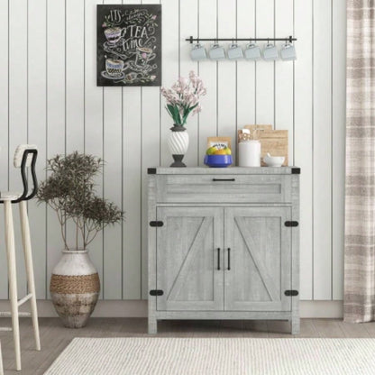 HOMCOM Sideboard Buffet Cabinet with Storage Drawer, Modern Farmhouse Kitchen Cabinet with 2 Barn Doors, Coffee Bar Cabinet, Gray