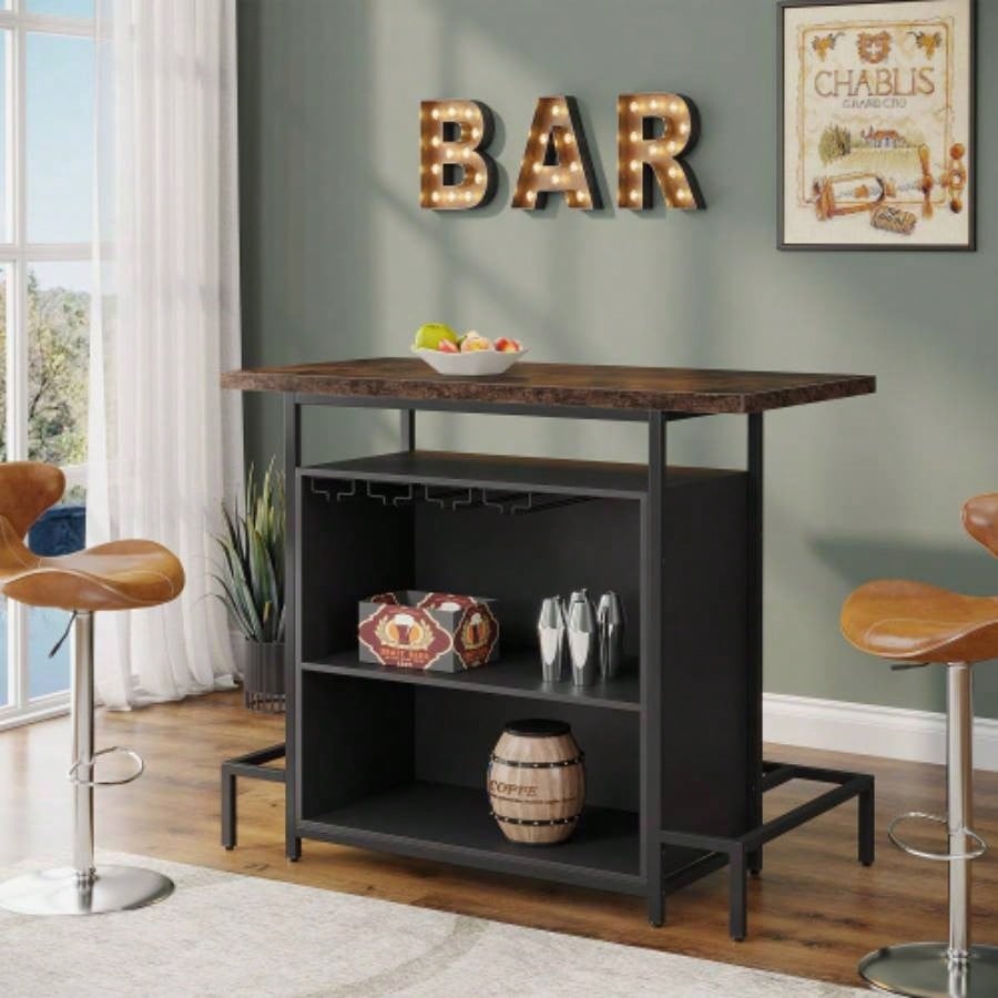 48x 20 Industrial Home Bar Unit with 3 - Tier Storage 4 Wine Glass Racks - Rustic Pub Table, Liquor Bar Cabinet with Footrest Kitchen, Living Room, Bistro, Home Pub - Black Brown