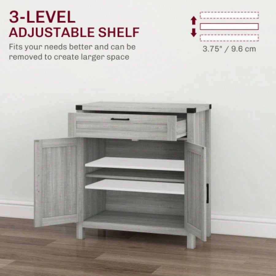 HOMCOM Sideboard Buffet Cabinet with Storage Drawer, Modern Farmhouse Kitchen Cabinet with 2 Barn Doors, Coffee Bar Cabinet, Gray