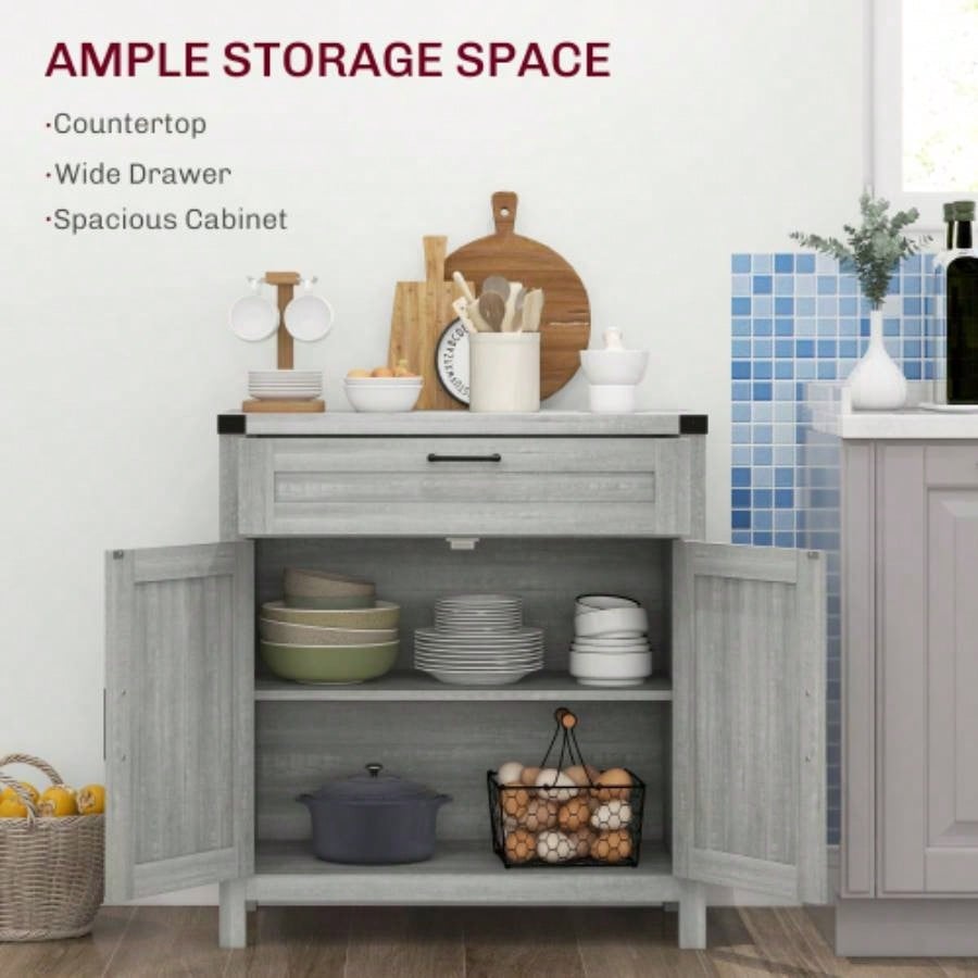 HOMCOM Sideboard Buffet Cabinet with Storage Drawer, Modern Farmhouse Kitchen Cabinet with 2 Barn Doors, Coffee Bar Cabinet, Gray