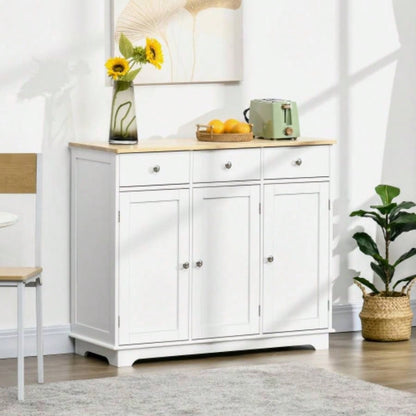 HOMCOM Sideboard with Solid Wood Countertop, Modern Kitchen Storage Cabinet, Coffee Bar Cabinet with 3 Drawers, Doors and Adjustable Shelf, White