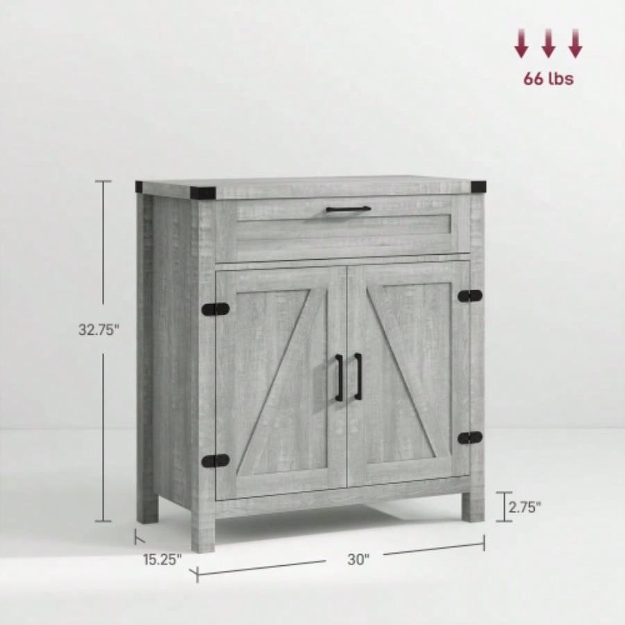 HOMCOM Sideboard Buffet Cabinet with Storage Drawer, Modern Farmhouse Kitchen Cabinet with 2 Barn Doors, Coffee Bar Cabinet, Gray