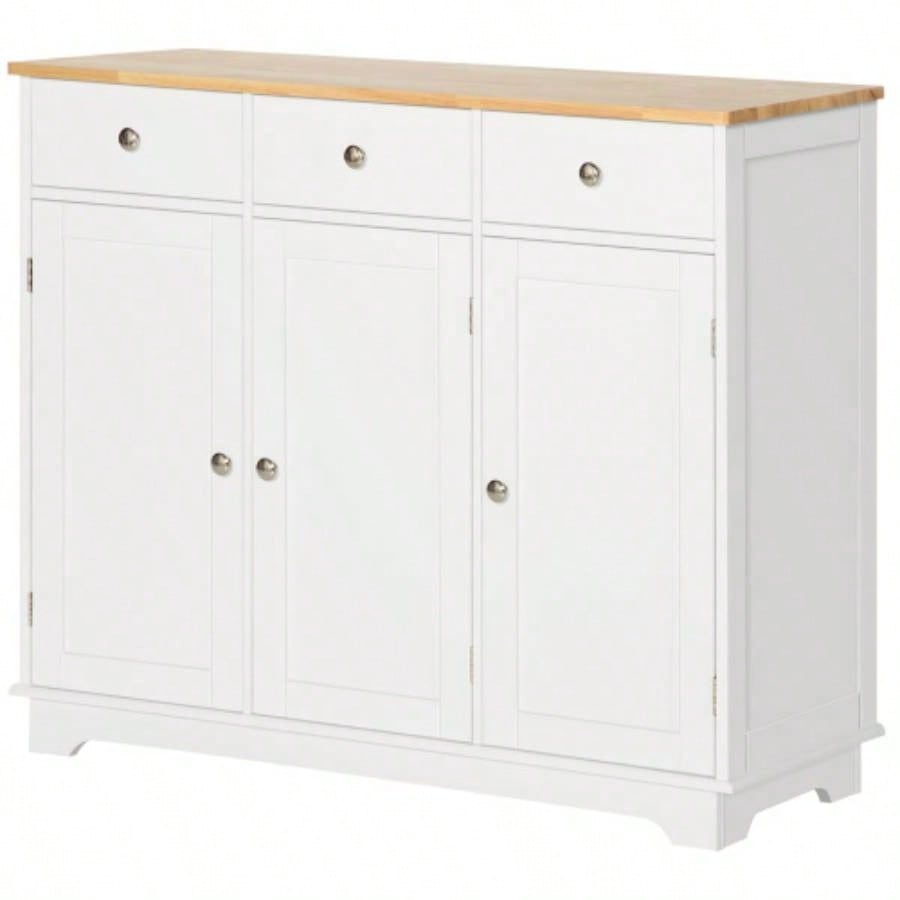HOMCOM Sideboard with Solid Wood Countertop, Modern Kitchen Storage Cabinet, Coffee Bar Cabinet with 3 Drawers, Doors and Adjustable Shelf, White