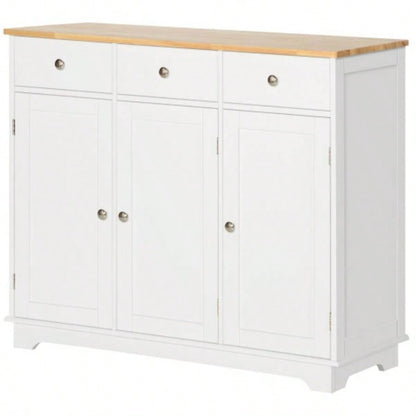 HOMCOM Sideboard with Solid Wood Countertop, Modern Kitchen Storage Cabinet, Coffee Bar Cabinet with 3 Drawers, Doors and Adjustable Shelf, White