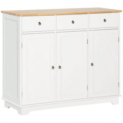 HOMCOM Sideboard with Solid Wood Countertop, Modern Kitchen Storage Cabinet, Coffee Bar Cabinet with 3 Drawers, Doors and Adjustable Shelf, White