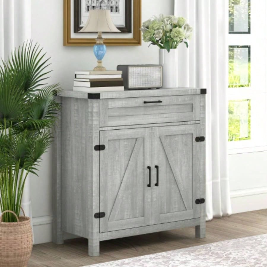 HOMCOM Sideboard Buffet Cabinet with Storage Drawer, Modern Farmhouse Kitchen Cabinet with 2 Barn Doors, Coffee Bar Cabinet, Gray