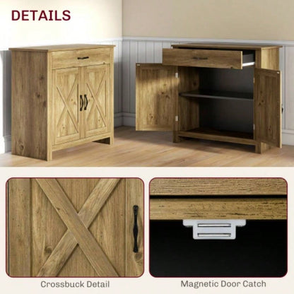 HOMCOM Farmhouse Sideboard Buffet Cabinet, Barn Door Coffee Bar Cabinet with Drawer and Adjustable Shelf, Kitchen Cabinet Living Room, Entryway, Natural Wood