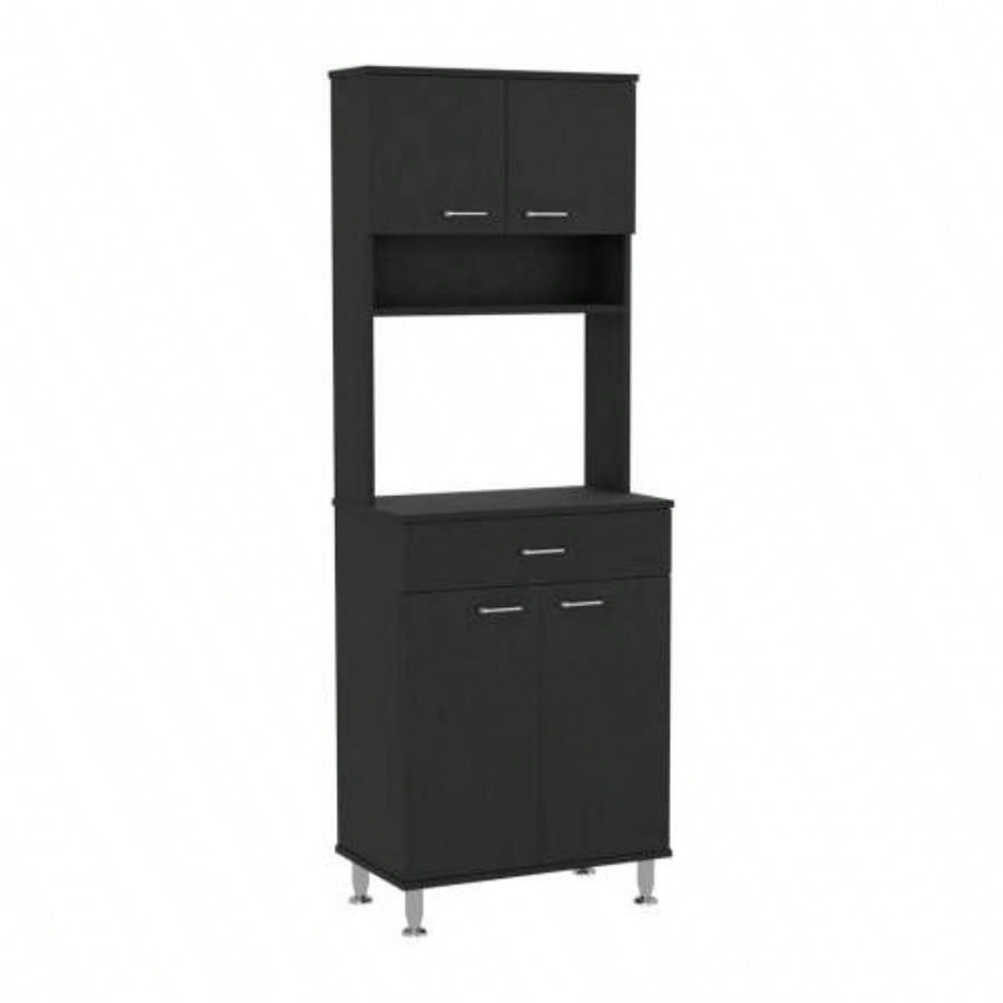 Pantry Cabinet 67 H, Four Doors, One Drawer, Three Internal Shelves, 2 External Storage Shelves, Microwave Storage Option, Four, Black
