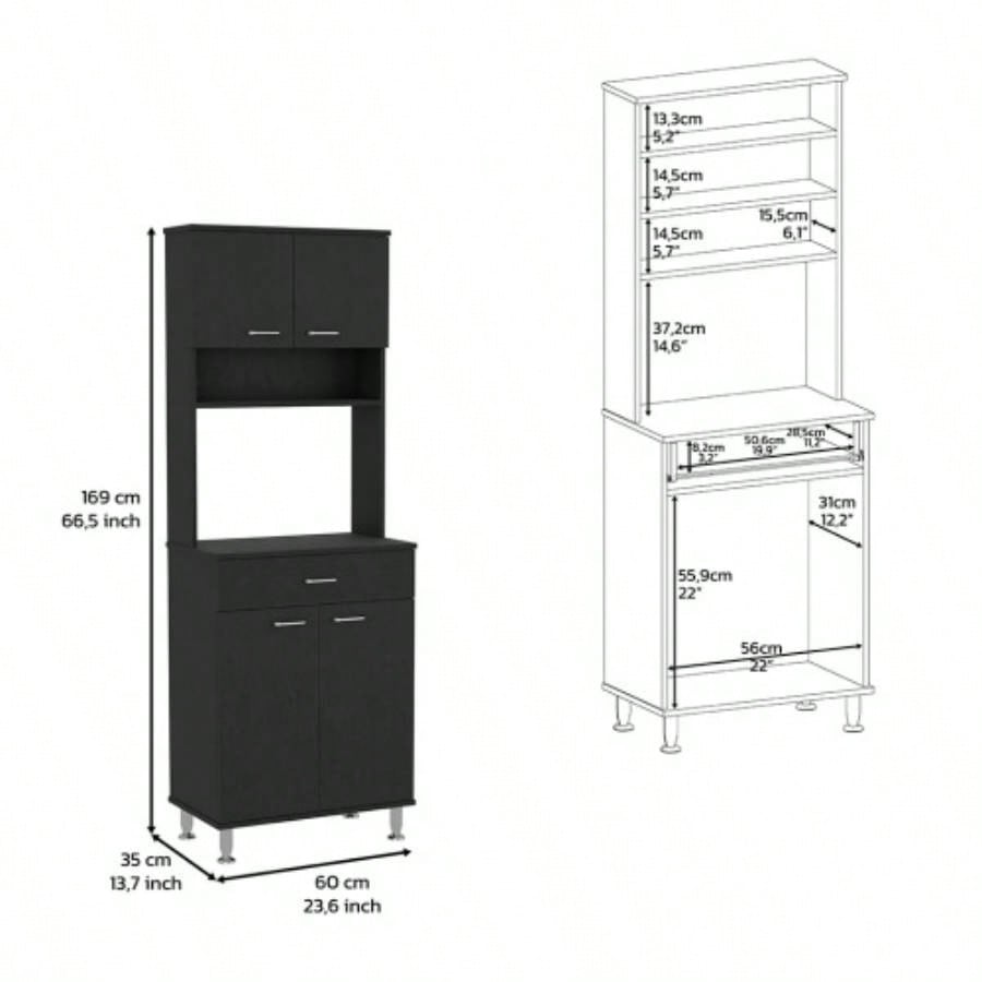 Pantry Cabinet 67 H, Four Doors, One Drawer, Three Internal Shelves, 2 External Storage Shelves, Microwave Storage Option, Four, Black