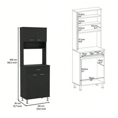 Pantry Cabinet 67 H, Four Doors, One Drawer, Three Internal Shelves, 2 External Storage Shelves, Microwave Storage Option, Four, Black