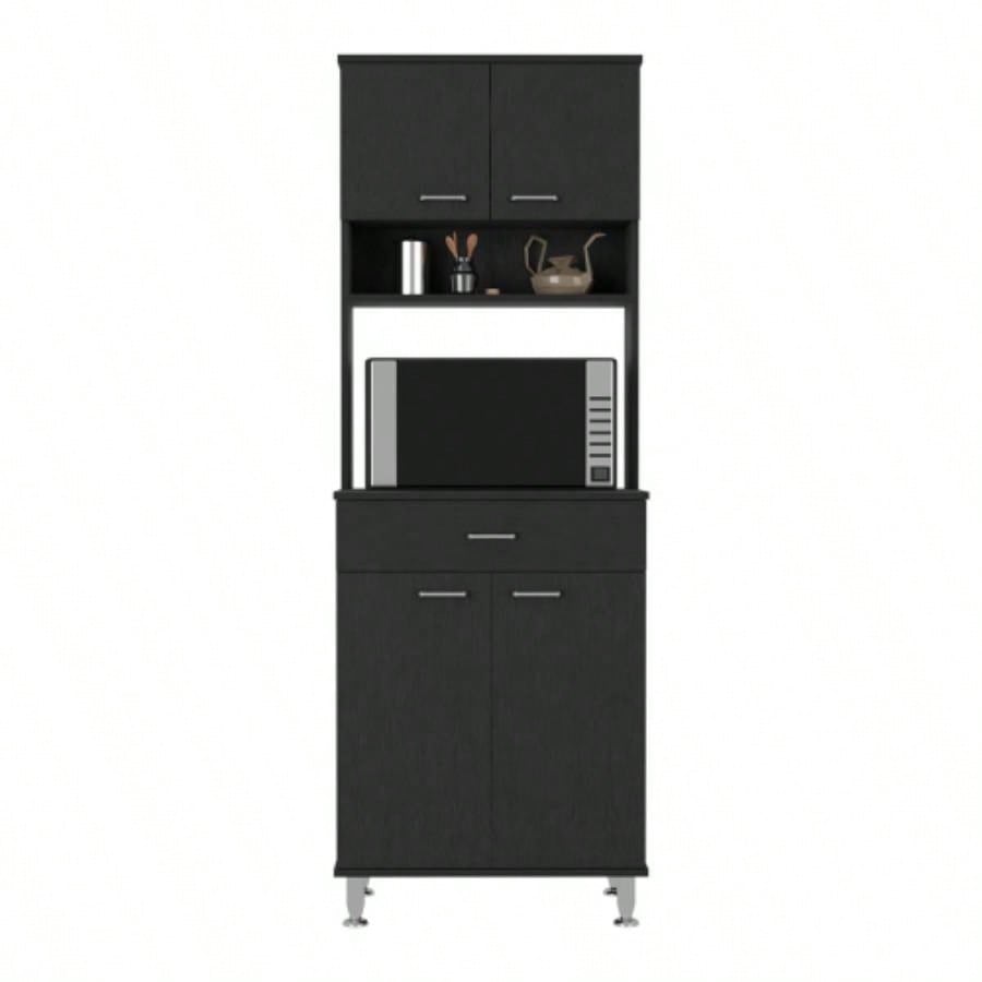 Pantry Cabinet 67 H, Four Doors, One Drawer, Three Internal Shelves, 2 External Storage Shelves, Microwave Storage Option, Four, Black