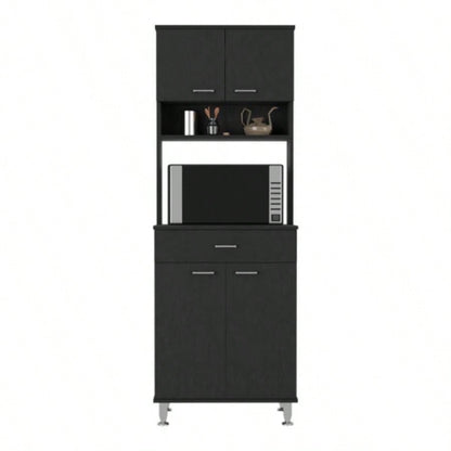 Pantry Cabinet 67 H, Four Doors, One Drawer, Three Internal Shelves, 2 External Storage Shelves, Microwave Storage Option, Four, Black