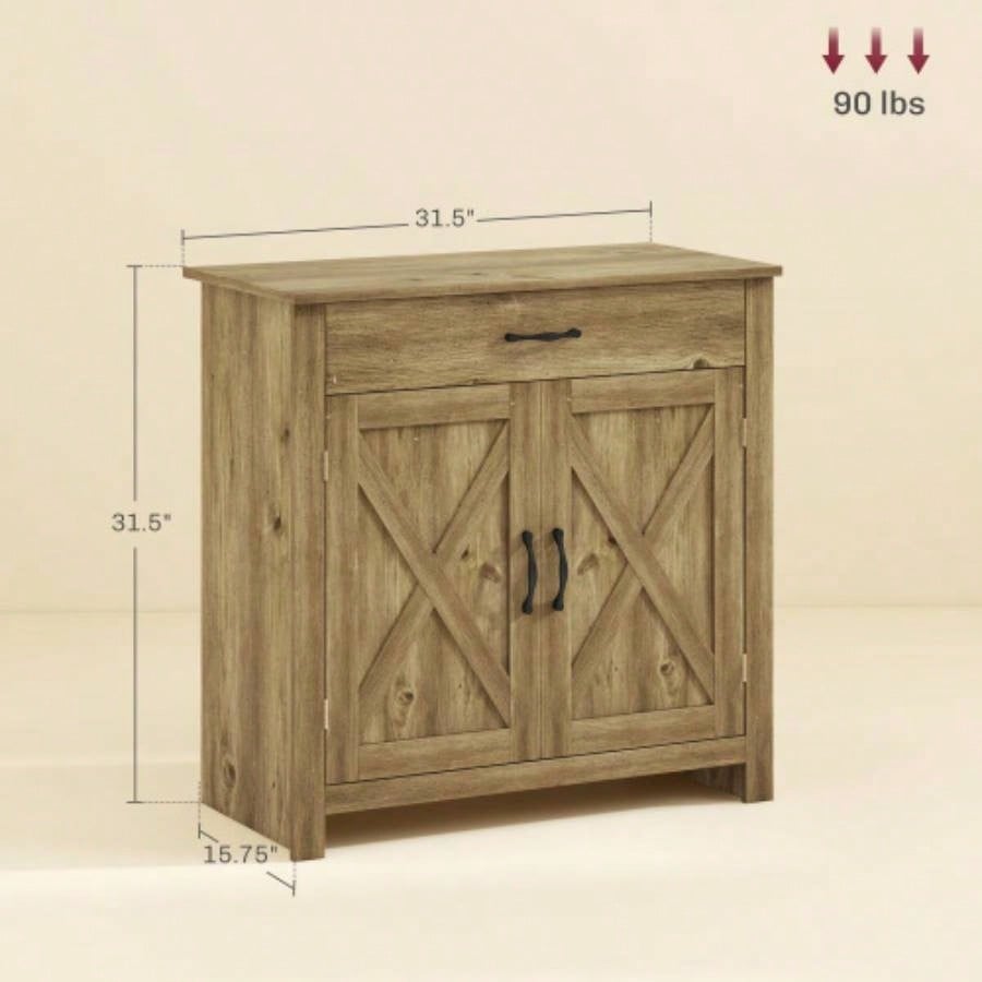 HOMCOM Farmhouse Sideboard Buffet Cabinet, Barn Door Coffee Bar Cabinet with Drawer and Adjustable Shelf, Kitchen Cabinet Living Room, Entryway, Natural Wood