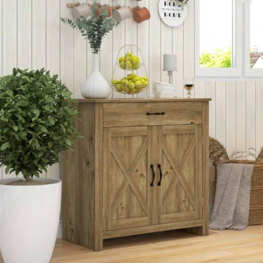 HOMCOM Farmhouse Sideboard Buffet Cabinet, Barn Door Coffee Bar Cabinet with Drawer and Adjustable Shelf, Kitchen Cabinet Living Room, Entryway, Natural Wood