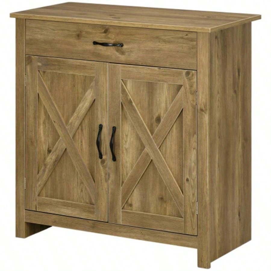 HOMCOM Farmhouse Sideboard Buffet Cabinet, Barn Door Coffee Bar Cabinet with Drawer and Adjustable Shelf, Kitchen Cabinet Living Room, Entryway, Natural Wood