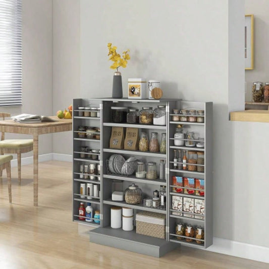 HOMCOM 41 Kitchen Pantry Storage Cabinet, Freestanding Kitchen Cabinet with 12 Door Shelves, Double Doors, 5 - tier Shelving and Adjustable Shelves, Paper Gray