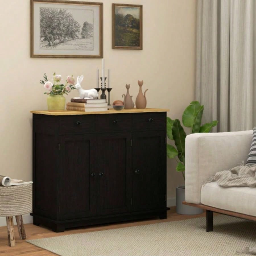 HOMCOM Sideboard with Solid Wood Countertop, Modern Kitchen Storage Cabinet, Coffee Bar Cabinet with 3 Drawers, Doors and Adjustable Shelf, Distressed Black