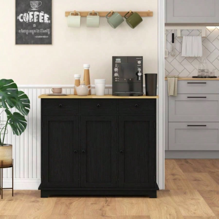 HOMCOM Sideboard with Solid Wood Countertop, Modern Kitchen Storage Cabinet, Coffee Bar Cabinet with 3 Drawers, Doors and Adjustable Shelf, Distressed Black
