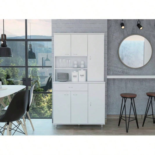 90 Kitchen Pantry Cabinet, Two Open Shelves, One Drawer, Multiple Cabinets, White