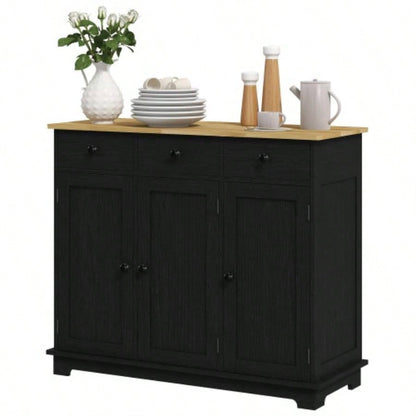 HOMCOM Sideboard with Solid Wood Countertop, Modern Kitchen Storage Cabinet, Coffee Bar Cabinet with 3 Drawers, Doors and Adjustable Shelf, Distressed Black