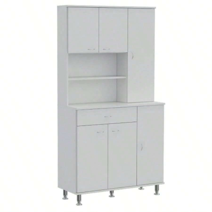 90 Kitchen Pantry Cabinet, Two Open Shelves, One Drawer, Multiple Cabinets, White