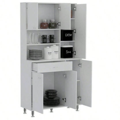 90 Kitchen Pantry Cabinet, Two Open Shelves, One Drawer, Multiple Cabinets, White