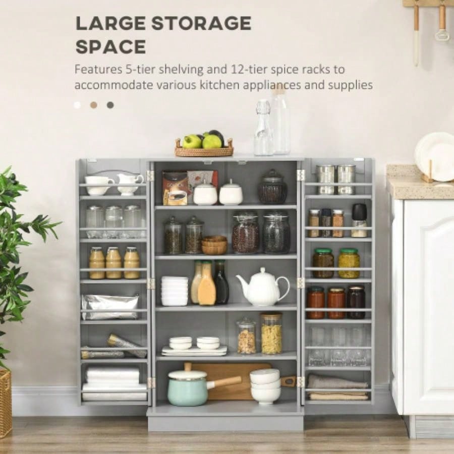 HOMCOM 41 Kitchen Pantry Storage Cabinet, Freestanding Kitchen Cabinet with 12 Door Shelves, Double Doors, 5 - tier Shelving and Adjustable Shelves, Paper Gray