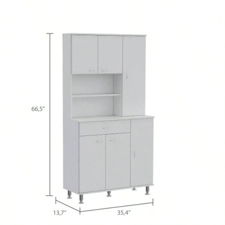 90 Kitchen Pantry Cabinet, Two Open Shelves, One Drawer, Multiple Cabinets, White