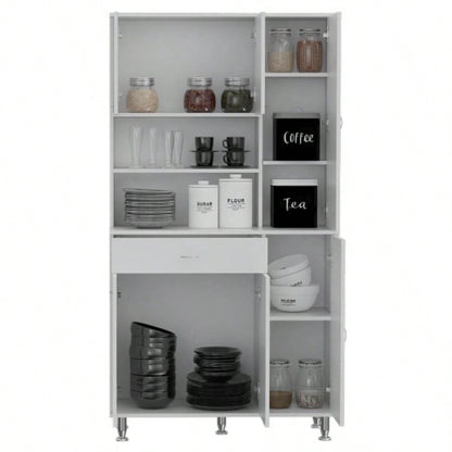 90 Kitchen Pantry Cabinet, Two Open Shelves, One Drawer, Multiple Cabinets, White