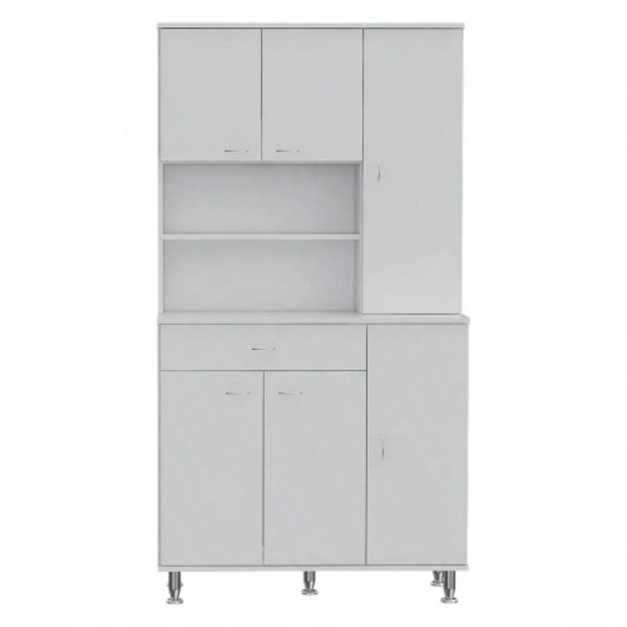 90 Kitchen Pantry Cabinet, Two Open Shelves, One Drawer, Multiple Cabinets, White