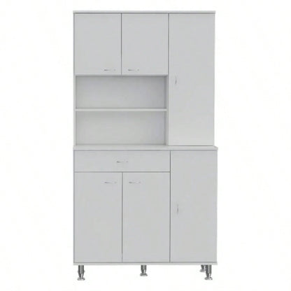 90 Kitchen Pantry Cabinet, Two Open Shelves, One Drawer, Multiple Cabinets, White
