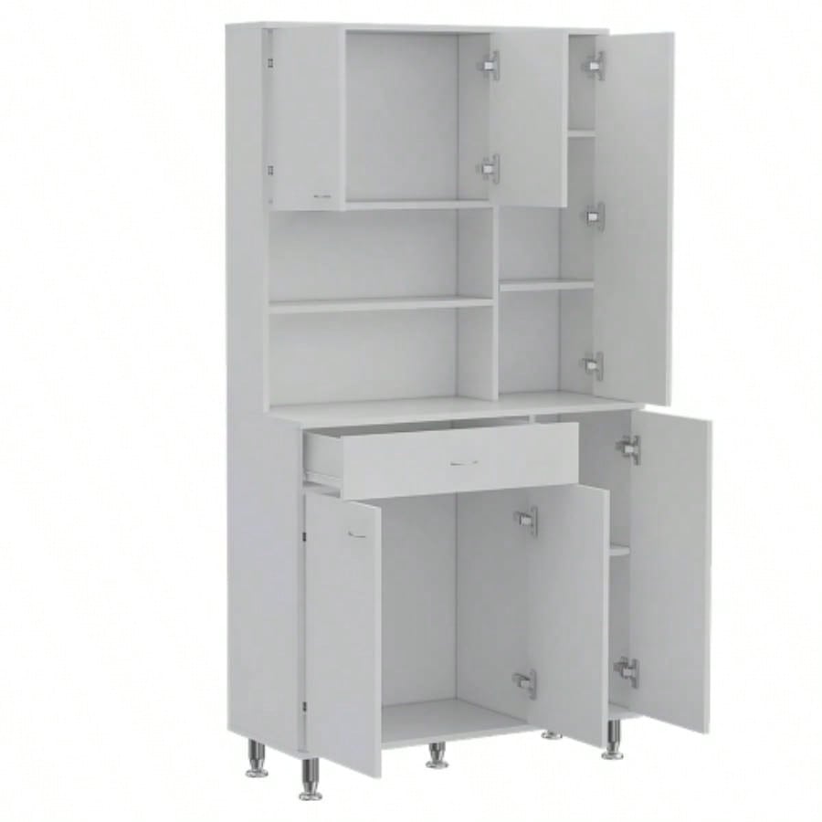 90 Kitchen Pantry Cabinet, Two Open Shelves, One Drawer, Multiple Cabinets, White