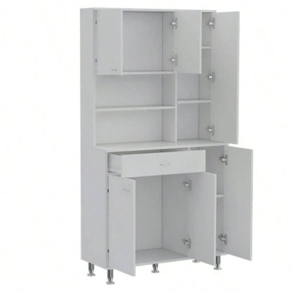 90 Kitchen Pantry Cabinet, Two Open Shelves, One Drawer, Multiple Cabinets, White