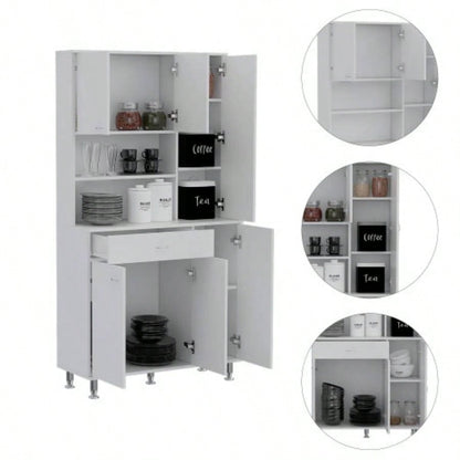 90 Kitchen Pantry Cabinet, Two Open Shelves, One Drawer, Multiple Cabinets, White