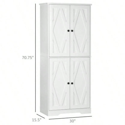 HOMCOM 70.75 Farmhouse Kitchen Pantry Cabinet, Freestanding Tall Storage Cabinet with 4 Barn Doors and Adjustable Shelves Dining Room, White