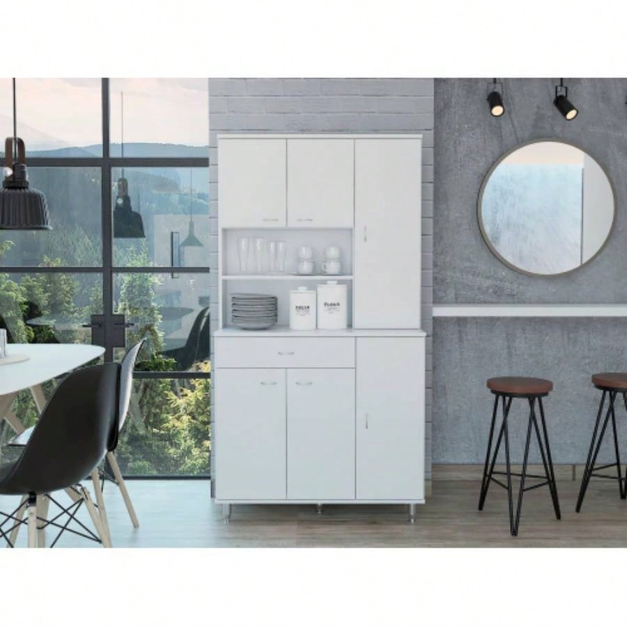 90 Kitchen Pantry Cabinet, Two Open Shelves, One Drawer, Multiple Cabinets, White