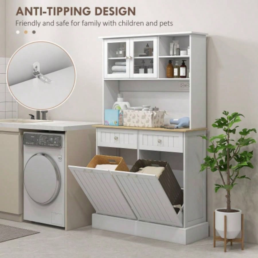 HOMCOM 68 Kitchen Pantry Storage Cabinet with Charging Station, 2 Tilt Out Trash Cabinets and Microwave Stand, Freestanding Kitchen Hutch with Glass Doors and Adjustable Shelf, White