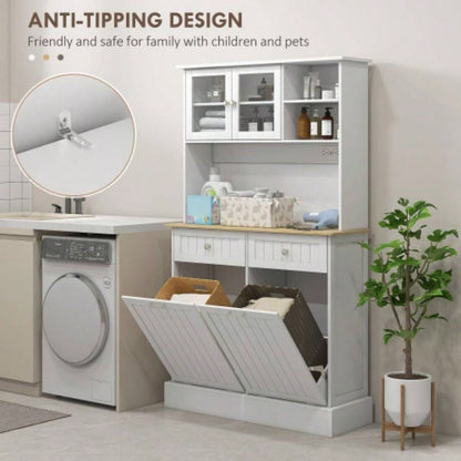 HOMCOM 68 Kitchen Pantry Storage Cabinet with Charging Station, 2 Tilt Out Trash Cabinets and Microwave Stand, Freestanding Kitchen Hutch with Glass Doors and Adjustable Shelf, White