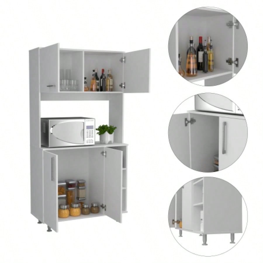 Kitchen Pantry Double Door Cabinet, Four, Three Shelves, White