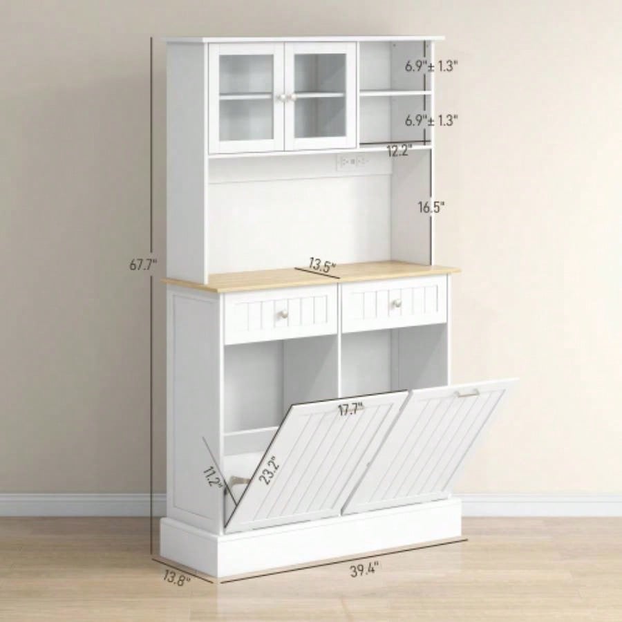 HOMCOM 68 Kitchen Pantry Storage Cabinet with Charging Station, 2 Tilt Out Trash Cabinets and Microwave Stand, Freestanding Kitchen Hutch with Glass Doors and Adjustable Shelf, White
