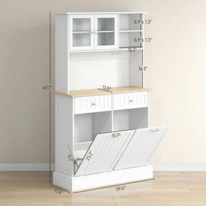 HOMCOM 68 Kitchen Pantry Storage Cabinet with Charging Station, 2 Tilt Out Trash Cabinets and Microwave Stand, Freestanding Kitchen Hutch with Glass Doors and Adjustable Shelf, White