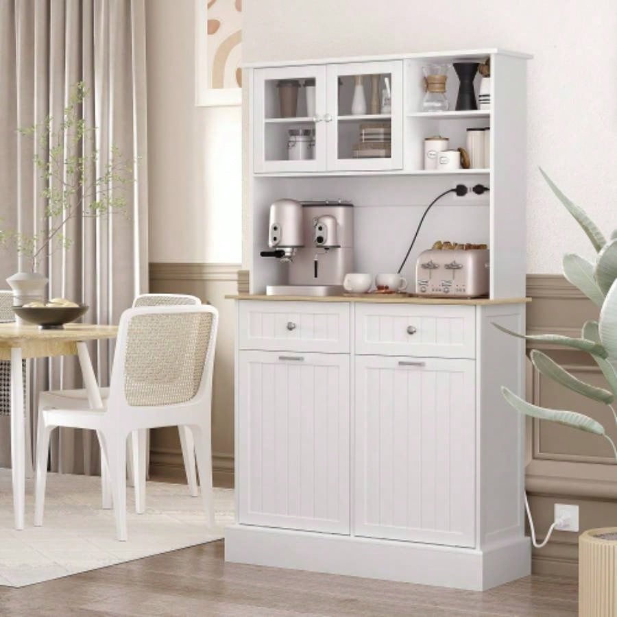 HOMCOM 68 Kitchen Pantry Storage Cabinet with Charging Station, 2 Tilt Out Trash Cabinets and Microwave Stand, Freestanding Kitchen Hutch with Glass Doors and Adjustable Shelf, White