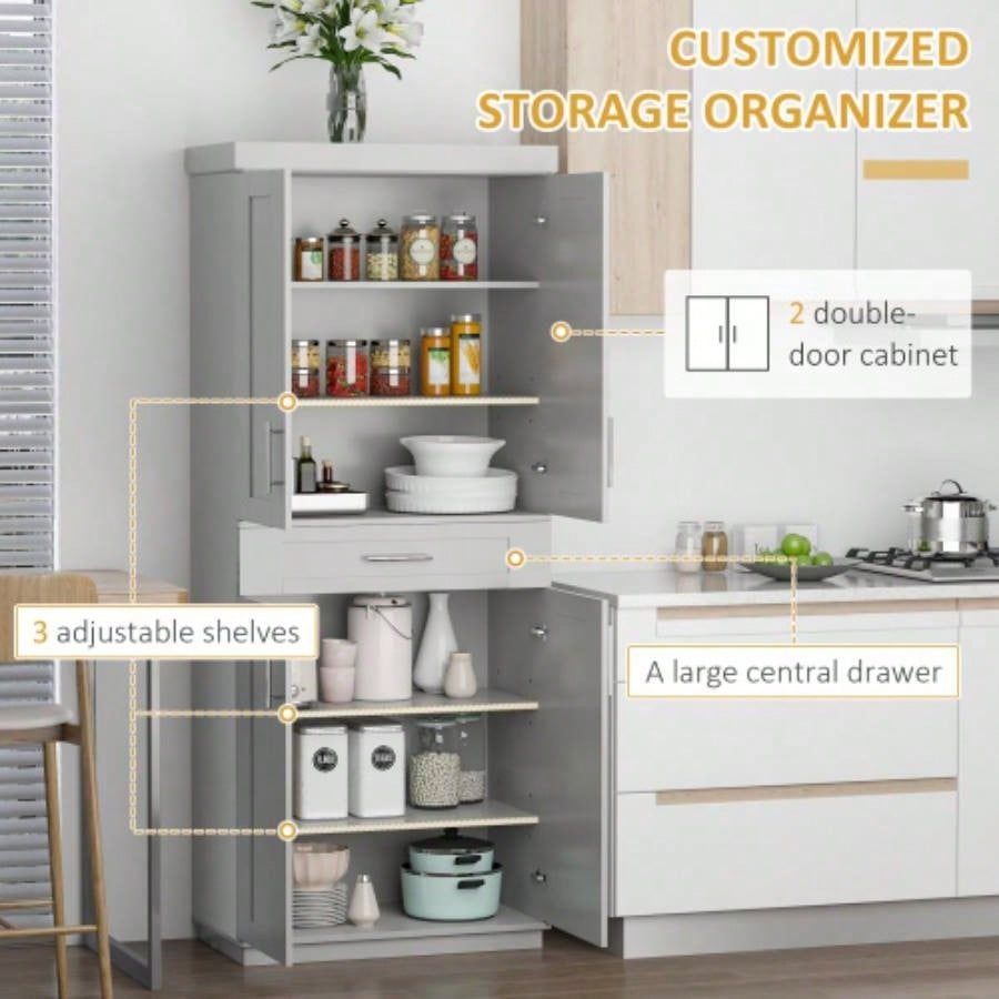 HOMCOM Modern Kitchen Pantry Freestanding Cabinet Cupboard with Doors and Drawer, Adjustable Shelving,