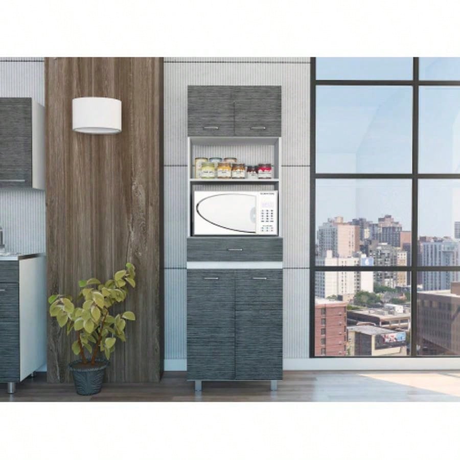 Auburn Microwave Pantry Cabinet, Two Cabinets, Two Open Shelves, Drawer